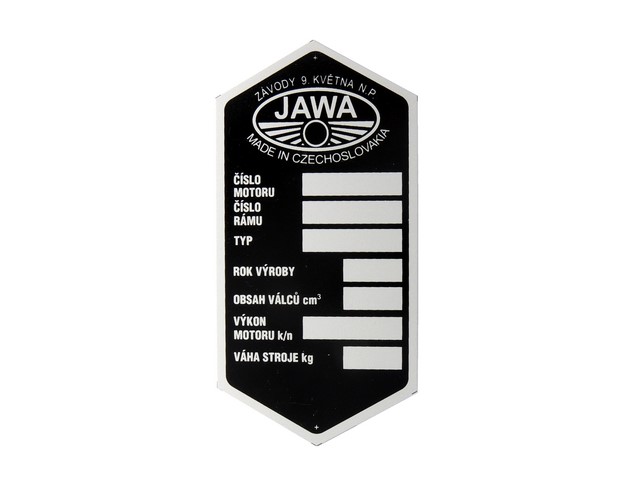 Type label, PRINTED (ZÁVODY 9. KVĚTNA N.P.) - JAWA